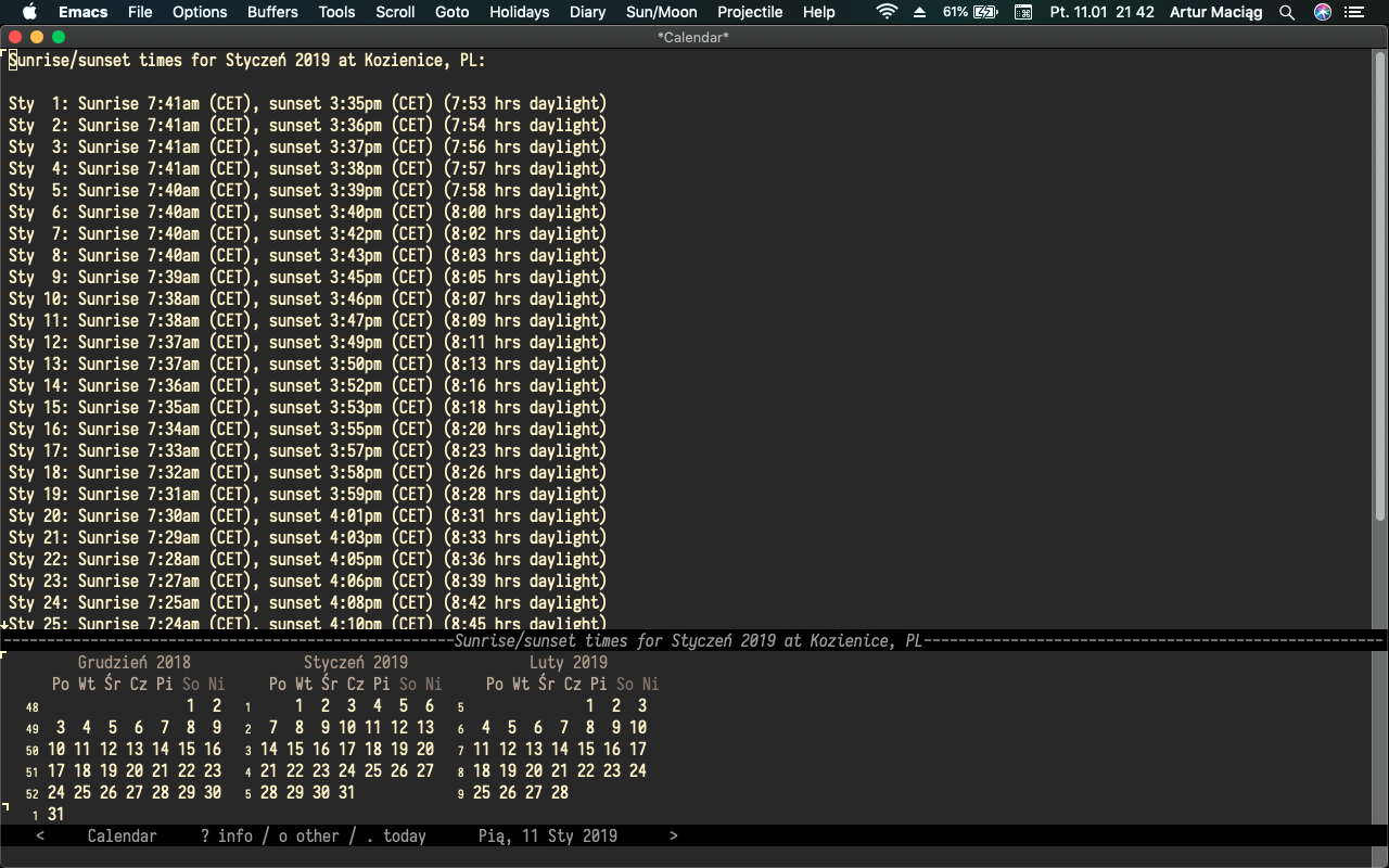 Emacs QuickTip #3 – wschód i zachód słońca